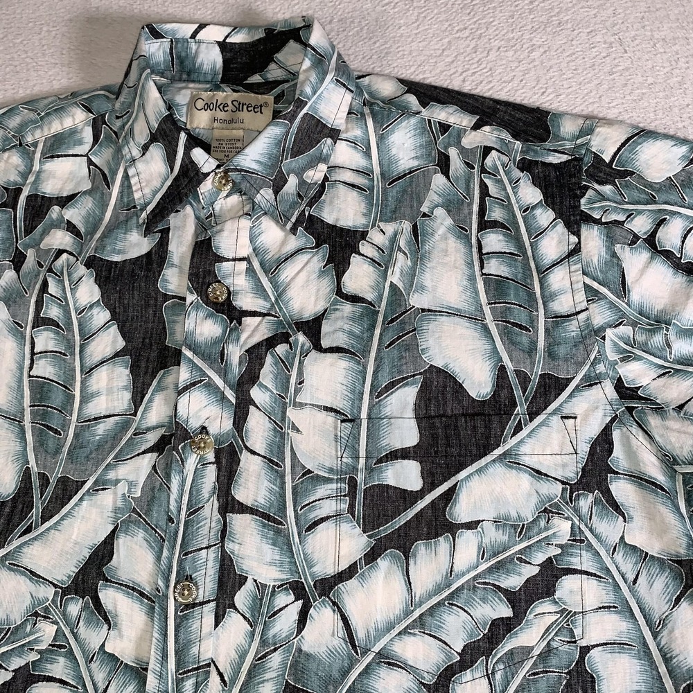 Cooke Street Shirt Mens Medium Green Leaf Hawaiian Cotton Short‎ Sleeve Aloha